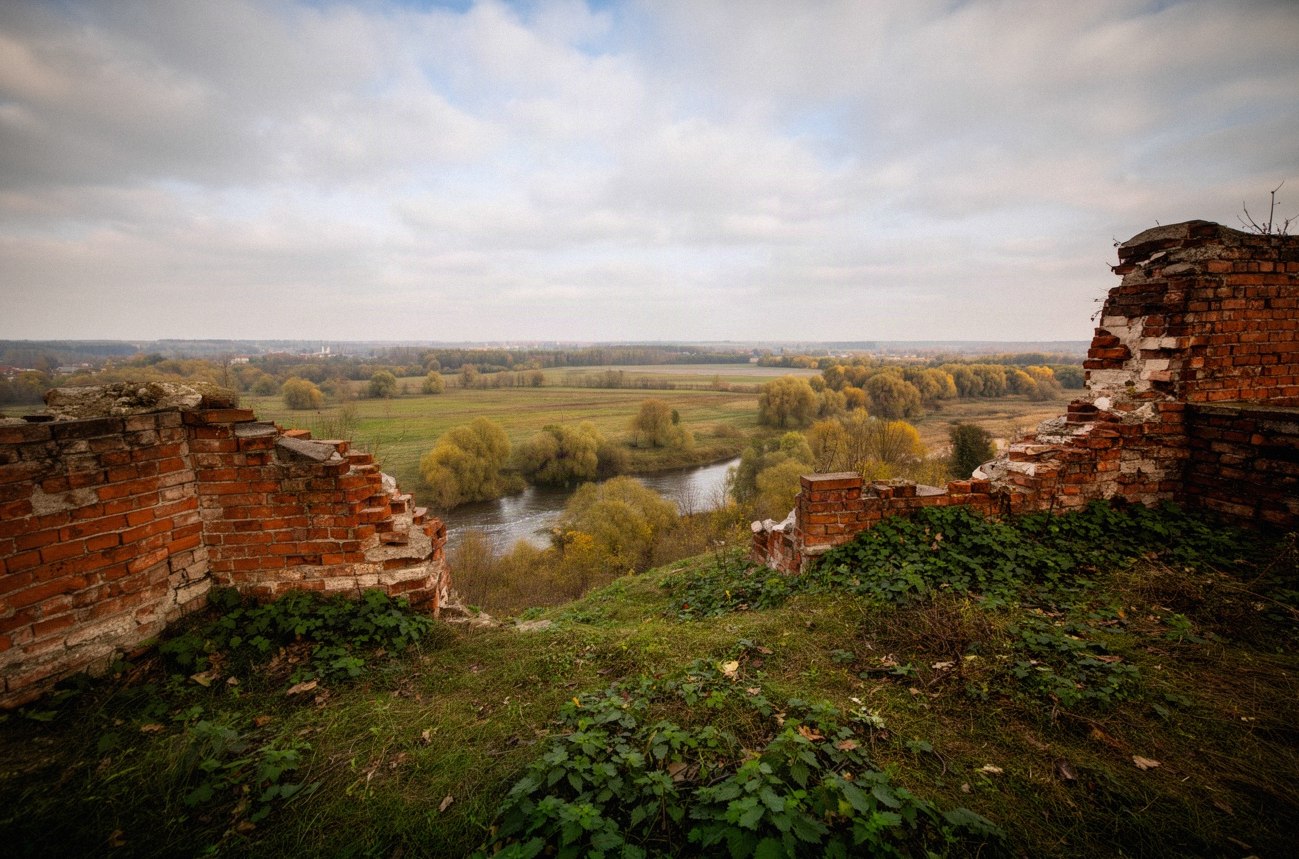 Ceglane mury ruin na trawiastym wzgórzu nad doliną rzeki na Mazowszu