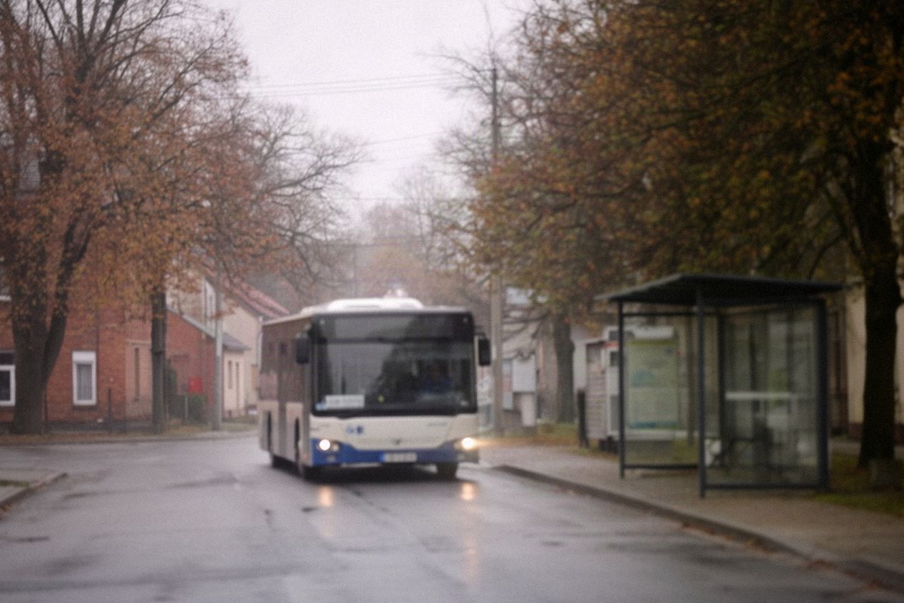 Niskopodłogowy autobus miejski przy przystanku z wiatą, pochmurny poranek w mazowieckim mieście powiatowym