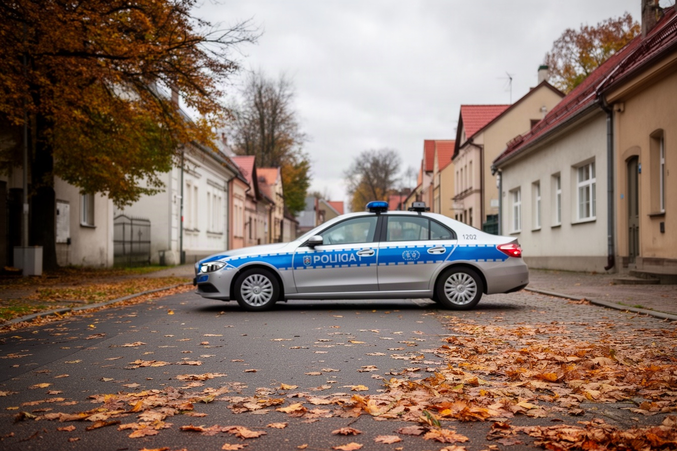 Radiowóz na ulicy małego miasta