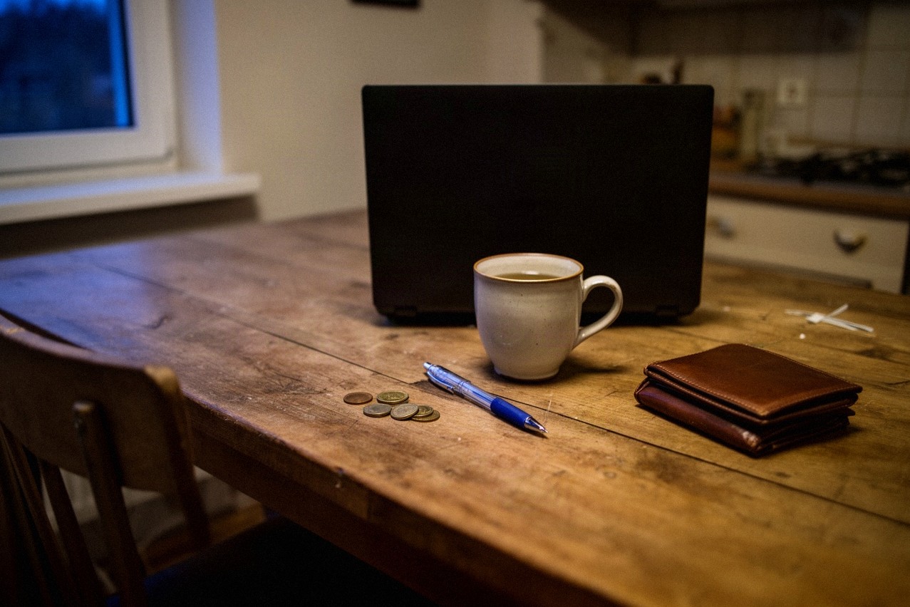 Laptop na drewnianym stole kuchennym wieczorem, obok kubek herbaty, długopis i portfel