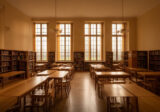 Czytelnia biblioteki z wysokimi oknami