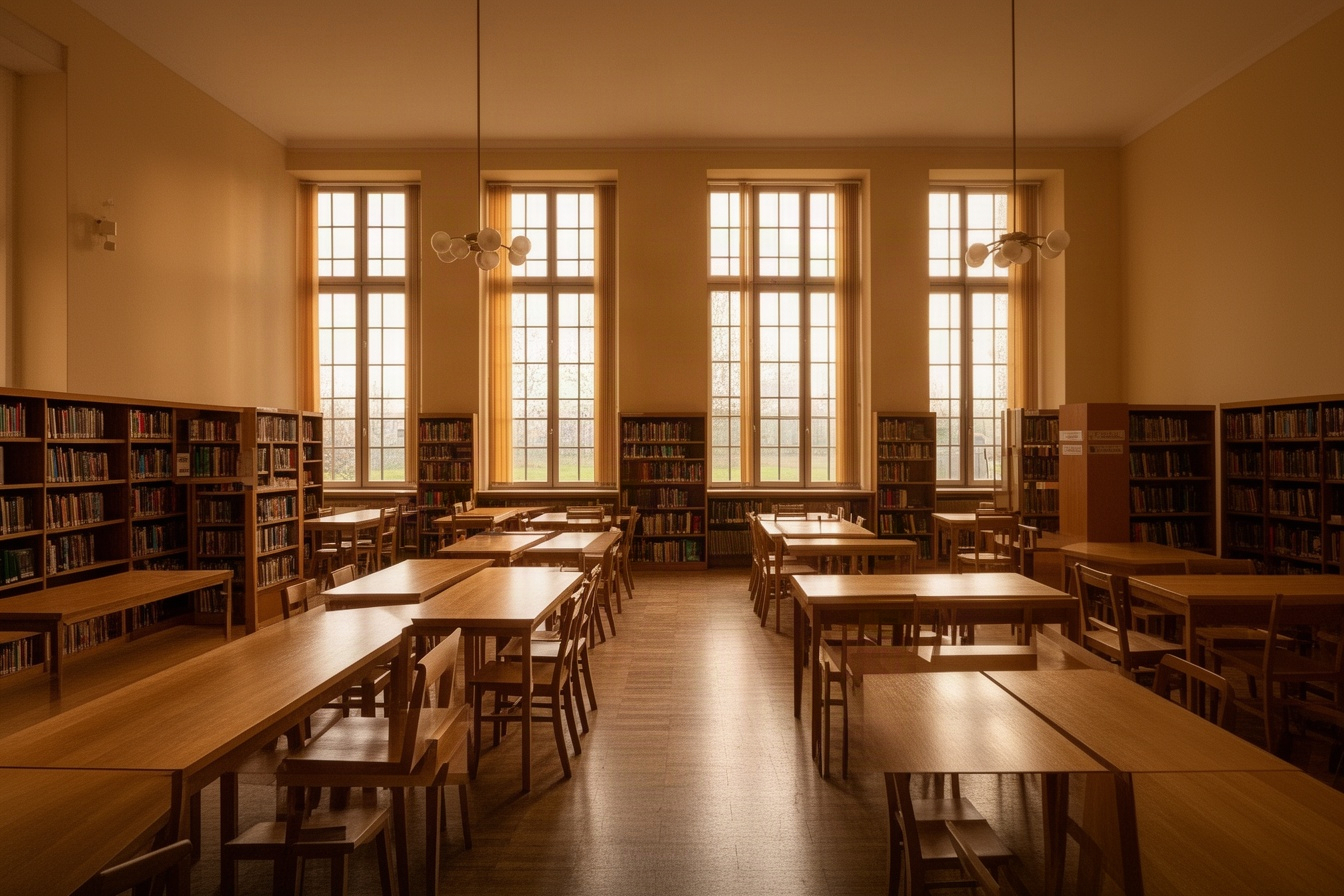 Czytelnia biblioteki z wysokimi oknami